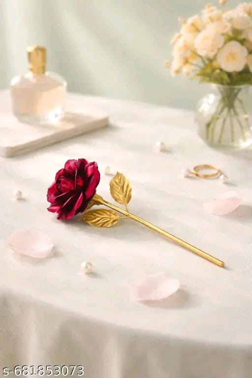 Valentine Day Special Artificial Red Rose Flower with Golden Stem
