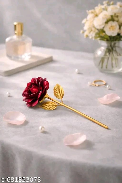 Valentine Day Special Artificial Red Rose Flower with Golden Stem